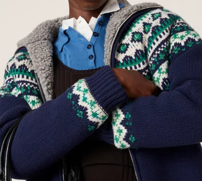 Miu Miu Wool Oversized Cardigan High Collar Patterned In Blue