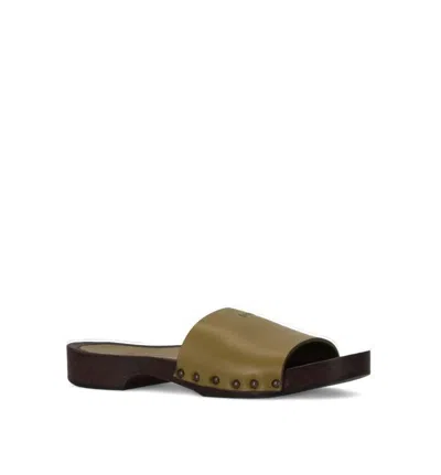 La Rose Studded Leather Clogs In Green