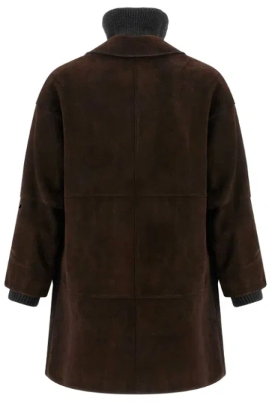 P.a.r.o.s.h Suede Coat With Knit Insert And Front Button Closure In Brown