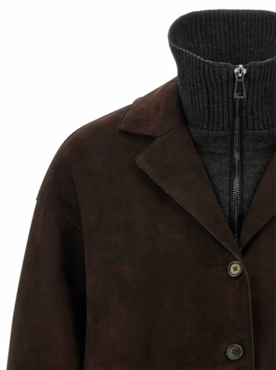 P.a.r.o.s.h Suede Coat With Knit Insert And Front Button Closure In Brown