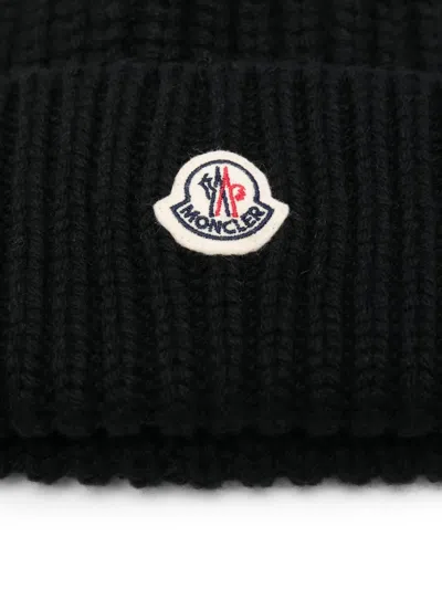 Moncler Logo Patch Cuff Virgin Wool Rib Beanie In Black