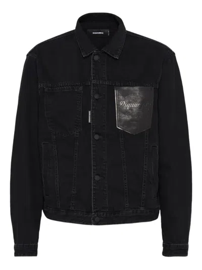 Dsquared2 Versized Denim Jacket With Leather Pocket In Black