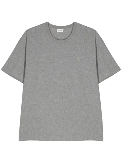 Saint Laurent Grey Crewneck T-shirt With Cassandre Embroidery In Cotton Man In Gray