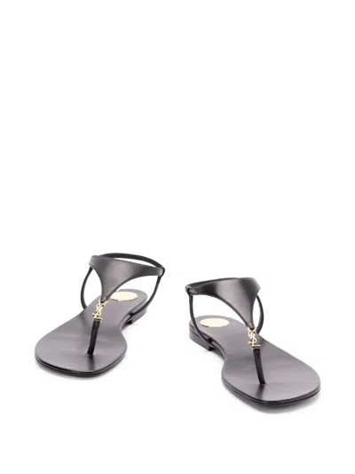 Saint Laurent Smooth Leather Cassandra Triangular Upper Flat Sandals Shoes In Black
