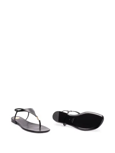 Saint Laurent Smooth Leather Cassandra Triangular Upper Flat Sandals Shoes In Black