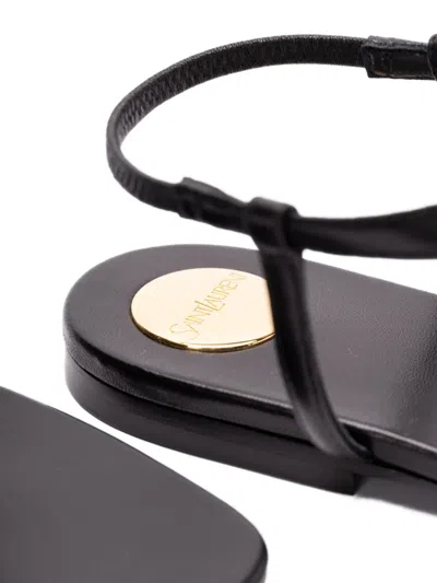 Saint Laurent Smooth Leather Cassandra Triangular Upper Flat Sandals Shoes In Black