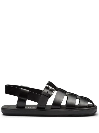 Prada Interwoven Straps Leather Sandals In Black