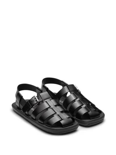 Prada Interwoven Straps Leather Sandals In Black