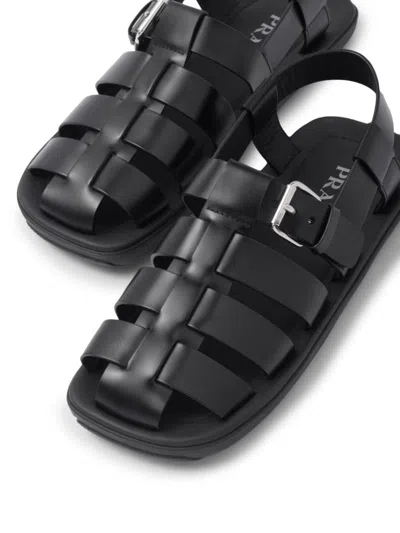 Prada Interwoven Straps Leather Sandals In Black