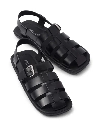 Prada Interwoven Straps Leather Sandals In Black