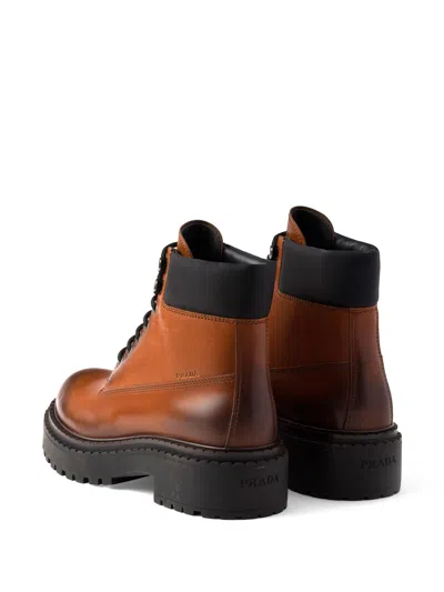 Prada Leather Work Boots In Brown