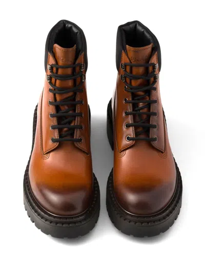 Prada Leather Work Boots In Brown
