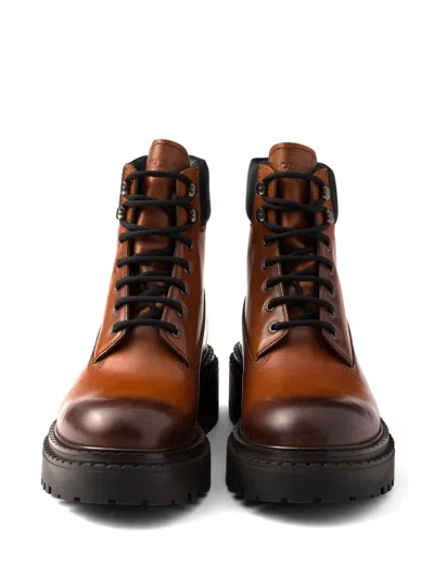 Prada Leather Work Boots In Brown