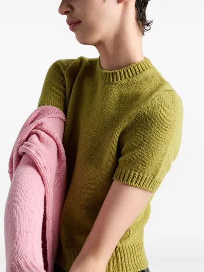 Prada Short Sleeve Cashmere Knit Top In Green