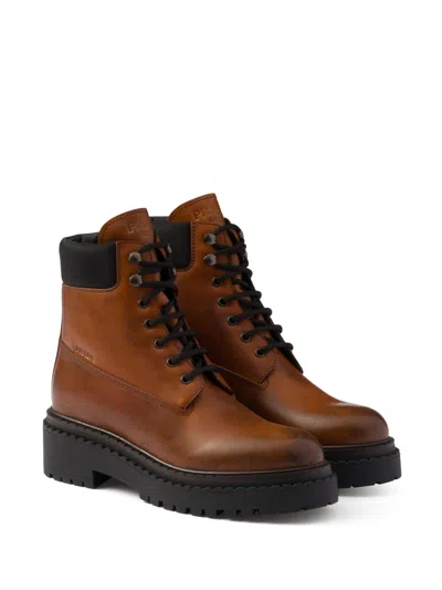 Prada Leather And Re-nylon Work Boots In Brown