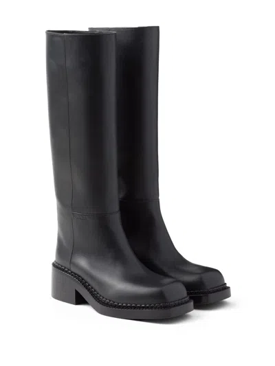 Prada Knee High 55mm Leather Boots In Black