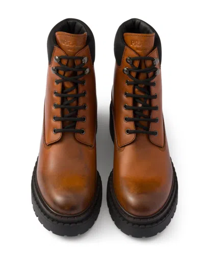Prada Leather And Re-nylon Work Boots In Brown