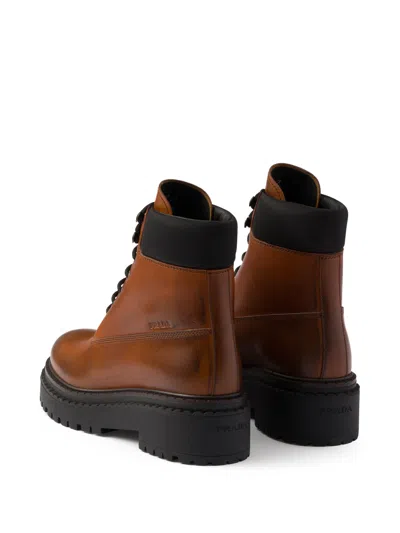 Prada Leather And Re-nylon Work Boots In Brown