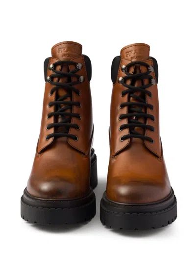 Prada Leather And Re-nylon Work Boots In Brown
