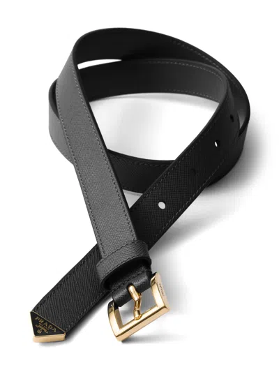 Prada Textured Saffiano Leather Belt With Enamel Triangle Logo In Black