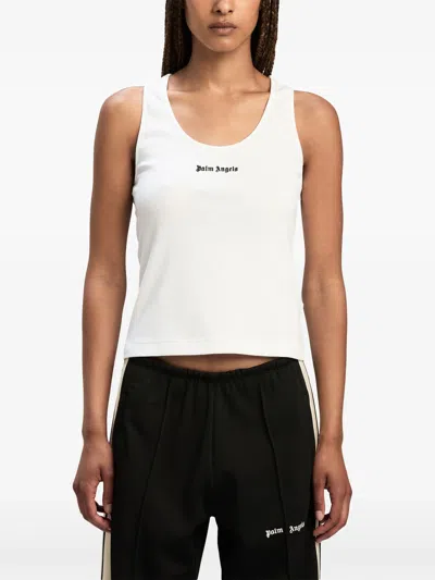 Palm Angels White Logo-embroidered Ribbed Tank Top In Neutral