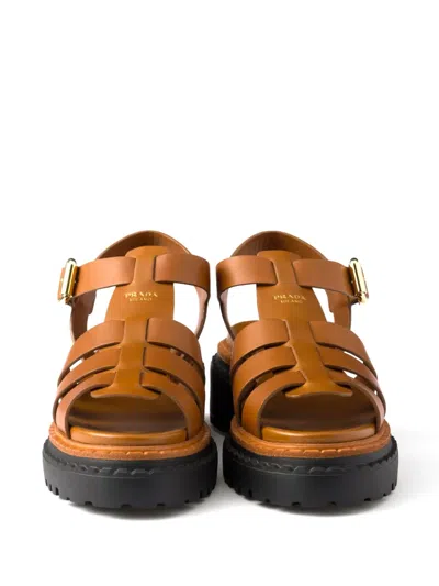 Prada Brown Leather Sandal With Logo In Brown