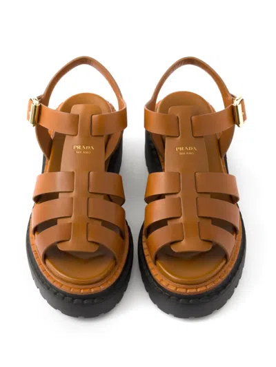 Prada Brown Leather Sandal With Logo In Brown