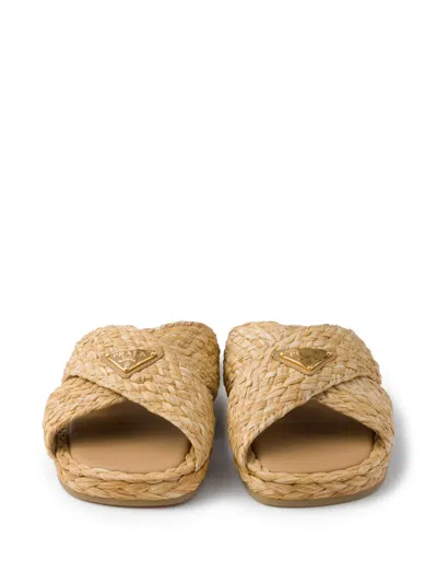 Prada Raffia Slides In Brown