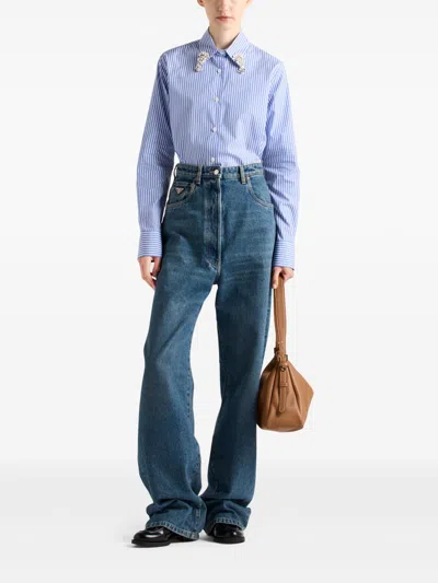 Prada Poplin Shirt With Rhinestone Detail In Blue