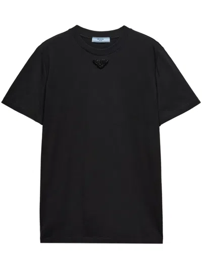Prada Embroidered Triangle Logo Jersey T-shirt In Black