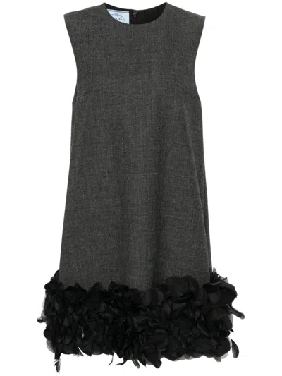 Prada Grey Feather-detail Mini Dress In Gray
