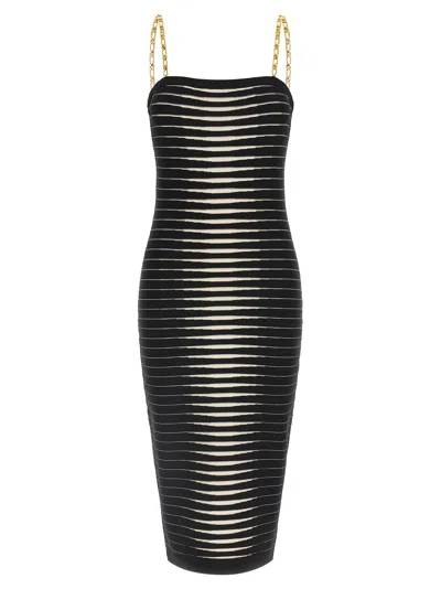 Elisabetta Franchi Striped-pattern Chain-strap Midi Dress In Black