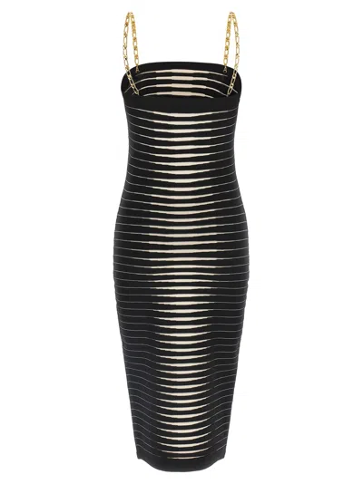 Elisabetta Franchi Striped-pattern Chain-strap Midi Dress In Black