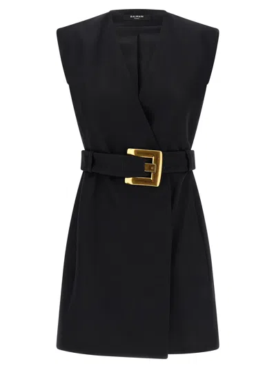 Balmain Sleeveless Wrap Dress Belted Waist Neckline In Black