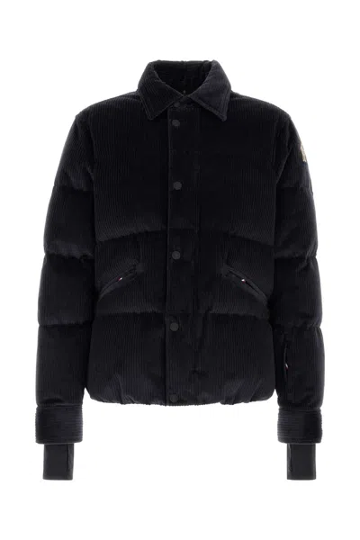 Moncler Navy Blue Corduroy Elgon Down Jacket In Black
