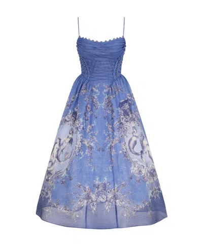 Zimmermann Rebellion Lace-up Embellished Pleated Gathered Printed Linen And Silk-blend Midi Dress In Blue