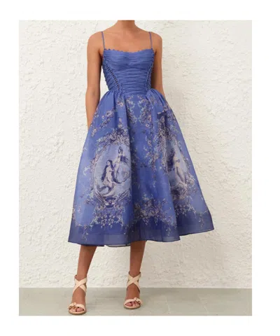 Zimmermann Rebellion Lace-up Embellished Pleated Gathered Printed Linen And Silk-blend Midi Dress In Blue