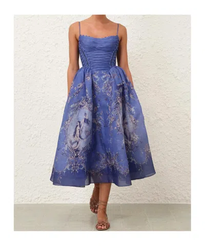 Zimmermann Rebellion Lace-up Embellished Pleated Gathered Printed Linen And Silk-blend Midi Dress In Blue