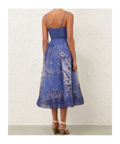 Zimmermann Rebellion Lace-up Embellished Pleated Gathered Printed Linen And Silk-blend Midi Dress In Blue