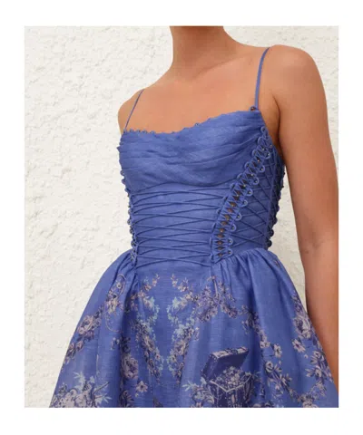 Zimmermann Rebellion Lace-up Embellished Pleated Gathered Printed Linen And Silk-blend Midi Dress In Blue