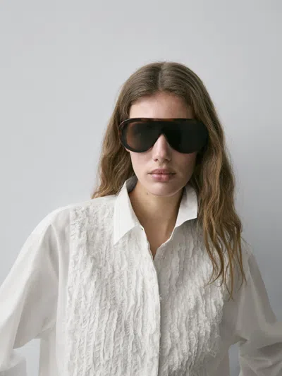 Massimo Dutti Bib Front Shirt With Embroidered Detail In White