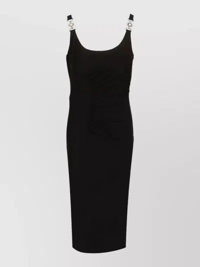 Versace Neutrals Ruched Scoop Neck Viscose Midi Dress In Black