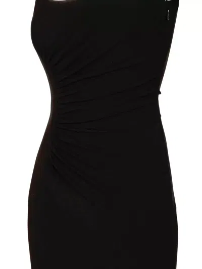 Versace Neutrals Ruched Scoop Neck Viscose Midi Dress In Black