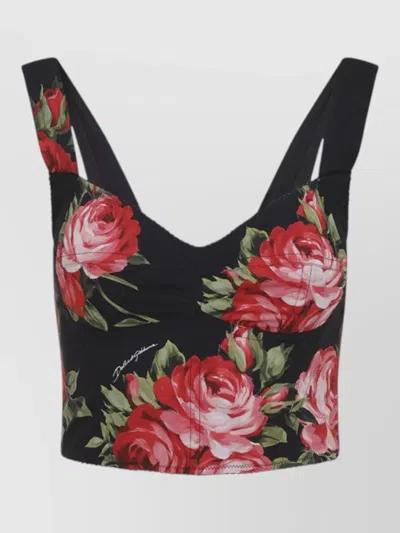 Dolce & Gabbana Top Nero In Seta Con Stampa Floreale Dolce E Gabbana In Black