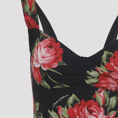 Dolce & Gabbana Top Nero In Seta Con Stampa Floreale Dolce E Gabbana In Animal Print