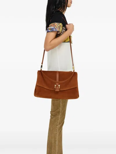 Ferragamo Suede With Gancini Hardware Shoulder Bag In Red
