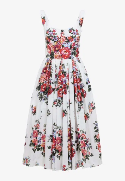 Dolce & Gabbana White Cotton Midi Dress With Floral Print Dolce E Gabbana In Multi