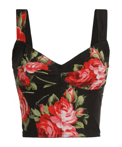 Dolce & Gabbana Top Nero In Seta Con Stampa Floreale Dolce E Gabbana In Multi