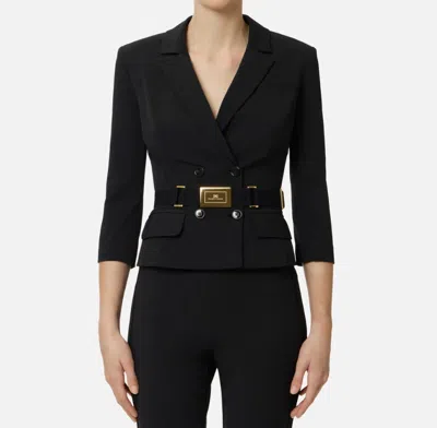 Elisabetta Franchi Jacket In Stretch Technical Fabric With Belt In Blue