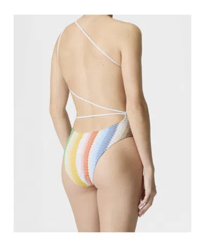 Missoni Mare One-shoulder Striped Metallic Crochet-knit Swimsuit In Multi